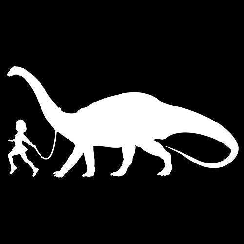 Girl Leading A Brontosaurus Dinosaur Vinyl Decal Sticker | Cars Trucks Vans SUVs Laptops Walls Windows Cups | White | 7 X 3.3 | 