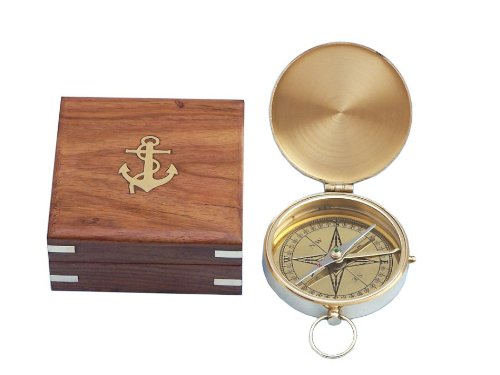 Hampton Nautical Solid Brass Gentlemen'S Compass With Rosewood Box, 4', Brass