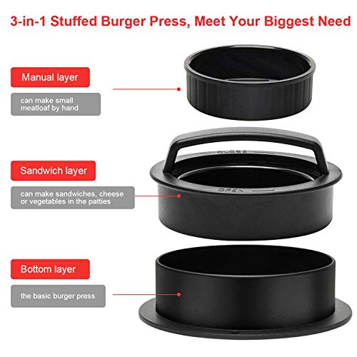Luxiv 3 In 1 Burger Press, Hamburger Patty Maker Stuffed Burgers Press With 100P Hamburger Paper For Bbq Non Stick Sliders Beef