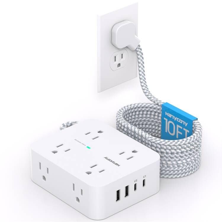 10 Ft Extension Cord With Multiple Outlets, Flat Plug Power Strip Surge Protector 10 Ft Long Cord, 8 Outlets, 30W Usb C Charger 