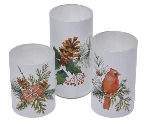 Mark Feldstein & Associates Led Flameless Cardinal And Pinecones Jeweled Iced Glass Pillar Candles, Set Of 3, 6 Inch