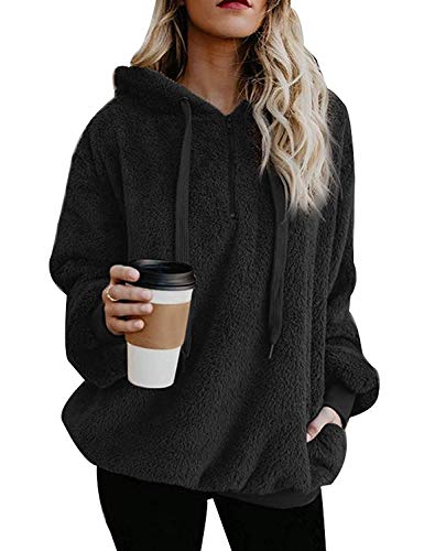 Yanekop Womens Oversized Hoodies Sherpa Sweatshirts Fuzzy Fleece Pullover Fluffy Outerwear With Pockets(Black,2Xl)