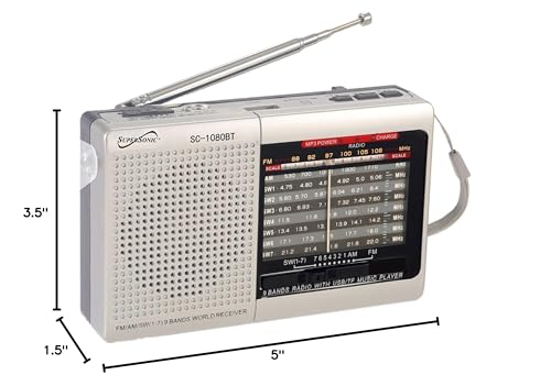 Supersonic Sc-1080Bt 9-Band Radio With Bluetooth, Portable Small Multi Band Radio Stereo, Usb And Micro Sd Input, Torch Light, A