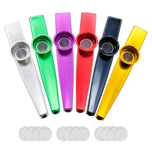 Fansjoy Kazoos 6 Pack, Multipack Metal Kazoos Musical Instruments With 12 Flute Membranes & 6 Lanyards For Kids & Music Lover Be
