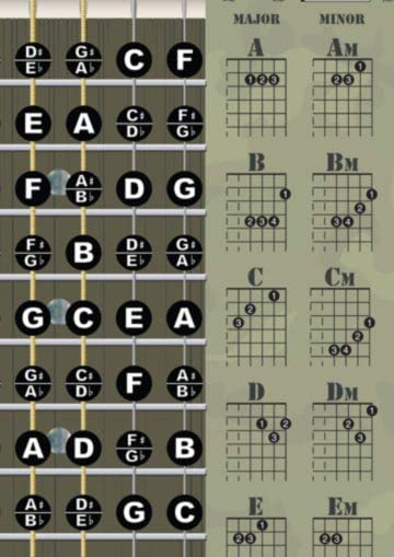 Laminated Guitar Camo Camouflage Chord & Fretboard Note Chart Instructional Easy Poster For Beginners Chords & Notes A New Song
