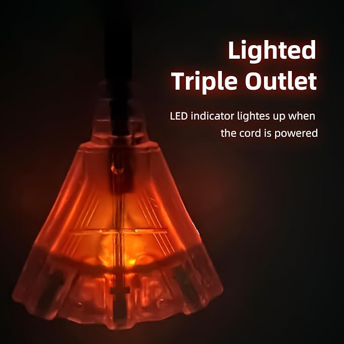 Yojoe 3 Outlets Indoor Outdoor Extension Cord With Lighted End, 3 Prong 15A Weatherproof Power Cord, 14 Gauge Heavy Duty 10 Ft Y