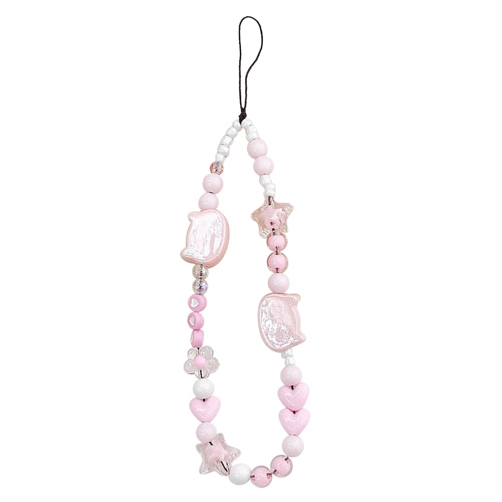 Oautosjy Mobile Phone Chain Strap Cute Kitten Head Star Flower Heart Beaded Phone Case Charm Beaded Mobile Phone Lanyard Wrist S