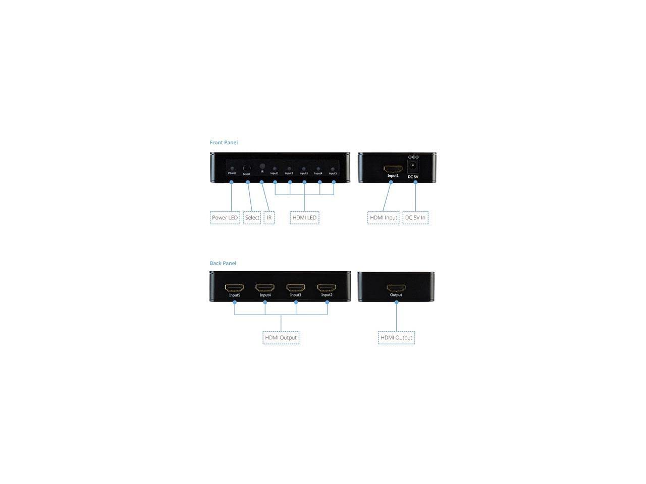 Xtrempro Hdmi Switch Ultra Slim 5X1 Ports, 5 In 1 Out Aluminum Switch W/Ir Remote & Ac Adapter, Supports Hdtv, 4K2K 1080P, 720P,