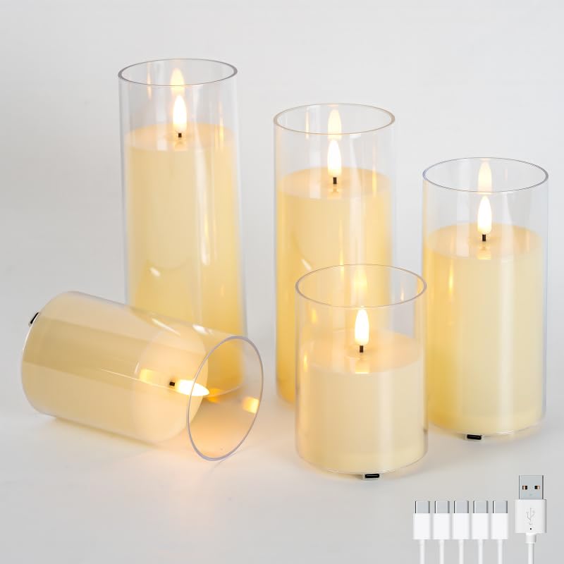 Staerysky Rechargeable Flameless LED Candles, Flickering Candles, 5pc Pillar Candles for Valentines Day, Wedding, Centerpiece T