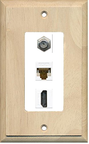 Riteav Decorative 1 Gang Wall Plate (Wood/White) 3 Port   Coax (White) Cat6 (White) Hdmi (White)