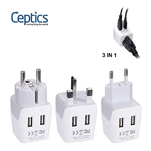 Ceptics Complete European Set Travel Adapter Plug By Ceptics With Dual Usb - Type G, E/F, C - London - Usa Input - Light Weight