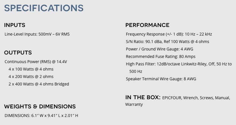 Audiocontrol Epicfour Epic Series 800 Watt Rms Compact 4 Channel Car Audio Amplifier 200X4 @ 2 Ohms, Class D, High Pass Filter,