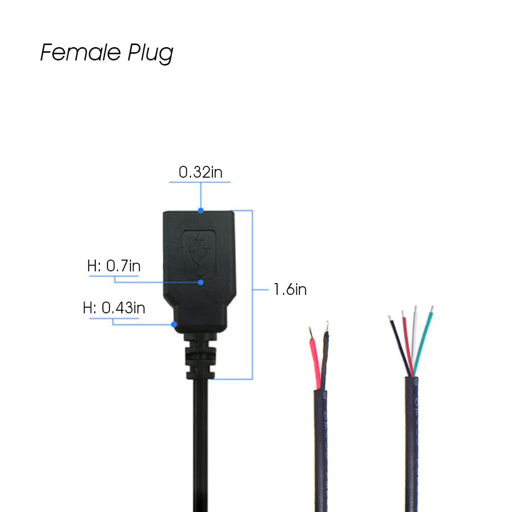Ksopuert 2Pcs Usb A Female Plug To Bare Wire Open End Cable 6.6Ft 200Cm 5V 2.1A 2 & 4 Cores Power And Data Transmission Pigtail