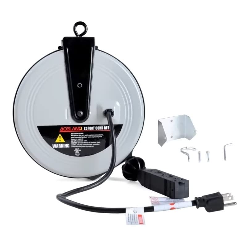 Aceland 25Ft Retractable Extension Cord Reel With 3 Electrical Outlets, 16Awg/3C Sjtw Power Cord For Indoor & Outdoor Use, Ul Li
