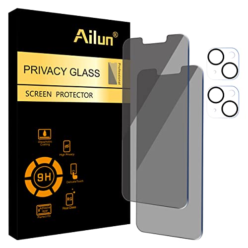 Ailun 2 Pack Privacy Screen Protector For Iphone 14[6.1 Inch] + 2 Pack Camera Lens Protector, Anti Spy Private Tempered Glass Fi