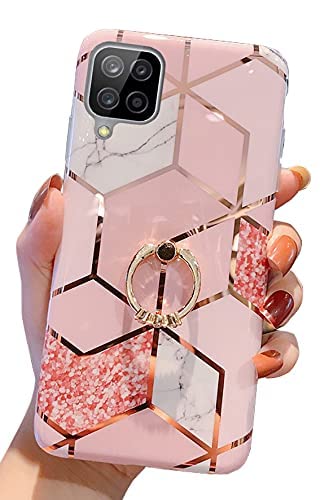 Qokey Compatible For Samsung Galaxy A12 Case,Bling Cute For Women Girls With 360 Degree Rotating Ring Kickstand Soft Tpu Shockpr