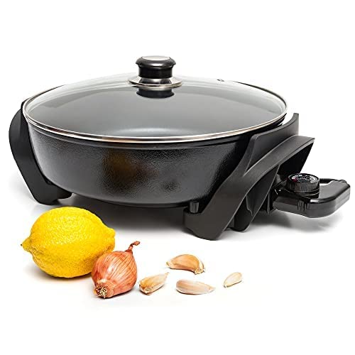 Moss & Stone Round Nonstick Electric Skillet With Lid, Aluminum 12 Inch Electric Frying Pan, 2 Layers Of Non Stick Coating, Adju