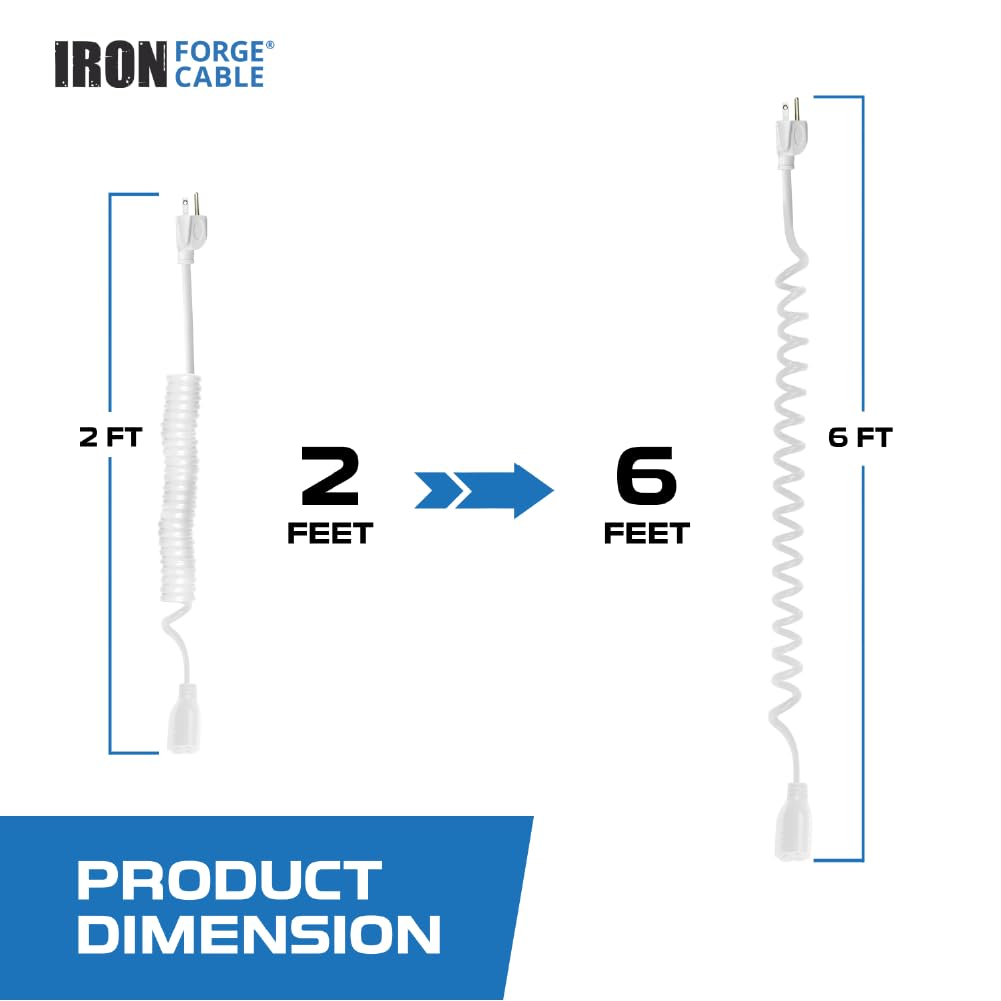 Iron Forge Cable Sjeow White Outdoor Coiled Extension Cord 6 Ft,13 Amp Oil Resistant & Flame Retardant 3 Prong Coiled Electrical