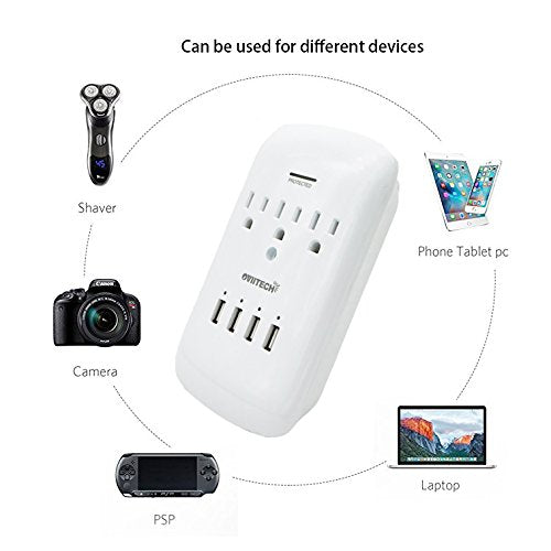 Oviitech Multi Outlet Wall Mount Adapter Surge Protector With 4 (4.2 Amp) Usb Charging Ports,3 Outlet Extender Socket Plugs,White,Etl Certified.