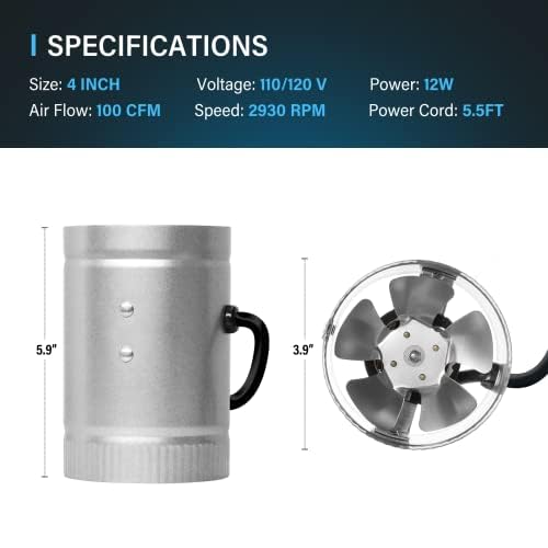 Ipower 4 Inch Inline Booster Duct Fan 100 Cfm Hvac Exhaust Ventilation Blower With Low Noise For Grow Tent, Basements, Bathrooms