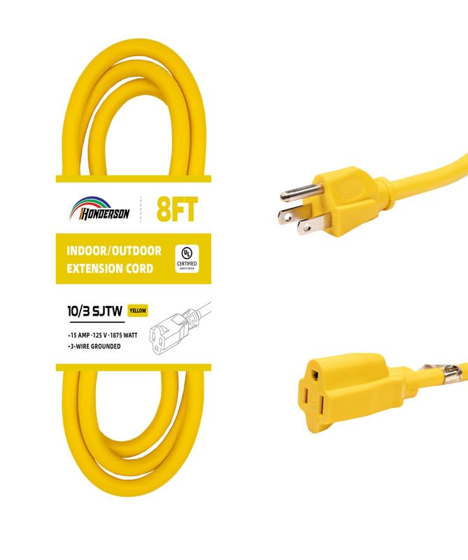 Honderson Indoor/Outdoor Extension Cord, 10 Gauge 8Ft Yellow, 3 Prong Heavy Duty, Weatherproof, Ul Listed, 15A Power Cord For Ou