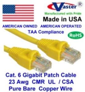 Made In Usa, Vaster Sku  81979 20 Ft (10 Pcs/Pack) Yellow Cat6 Patch Cable ('Not Cca Wire' 100% Copper (Ul Csa Cmr Etl) 23Awg Solid Wire Rj45 Snagless Straight Patch Cable