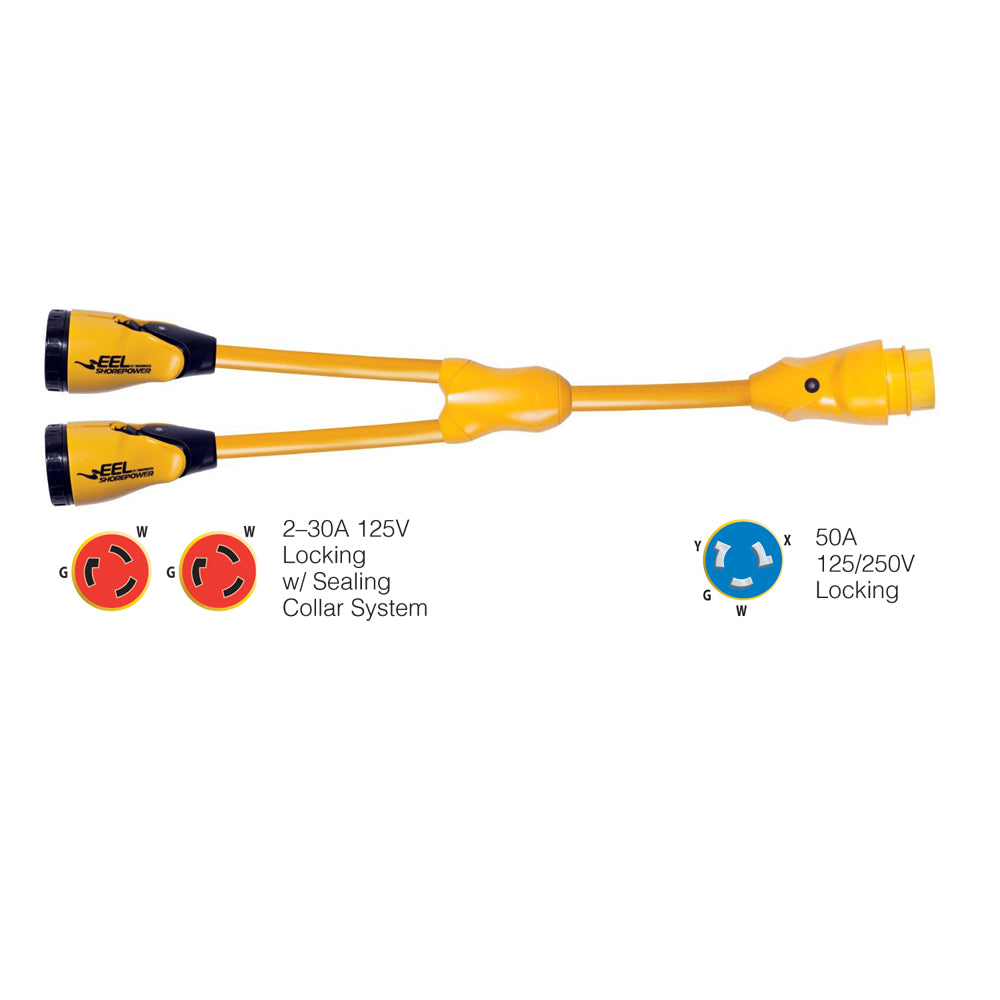 Marinco Y504-2-30 Eel (2)-30A-125V Female To (1)50A-125/250V Male ''Y'' Adapter - Yellow,WBAUVA001344002