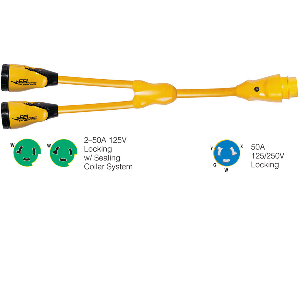 Marinco Y504-2-503 Eel (2)50A-125V Female To (1)50A-125/250V Male ''Y'' Adapter - Yellow,WBAUVA001344003