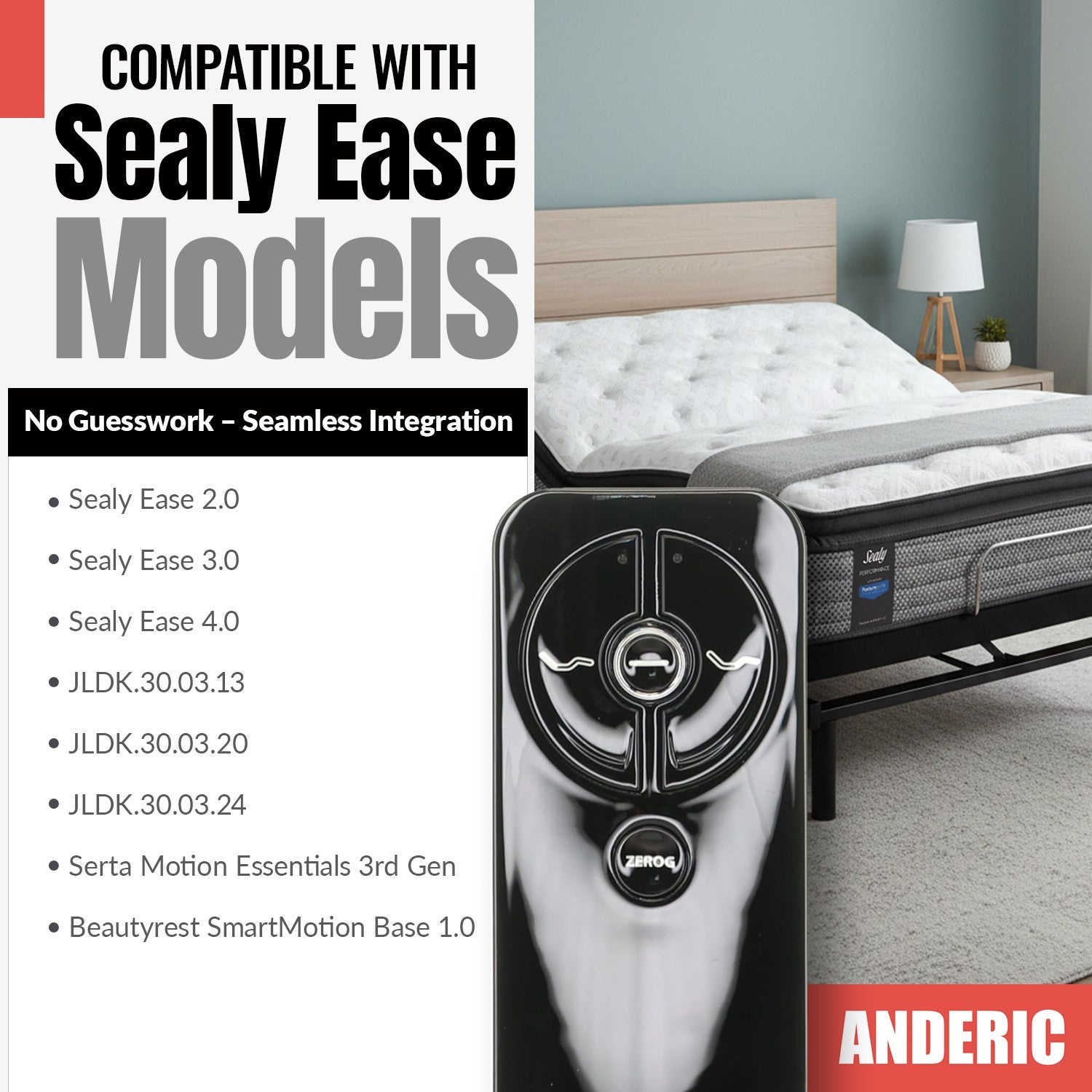 Anderic Substitute For Sealy RF399A EASE 3.0 / 4.0 Adjustable Bed Remote Control - JLDK.30.03.24 [RR399A]