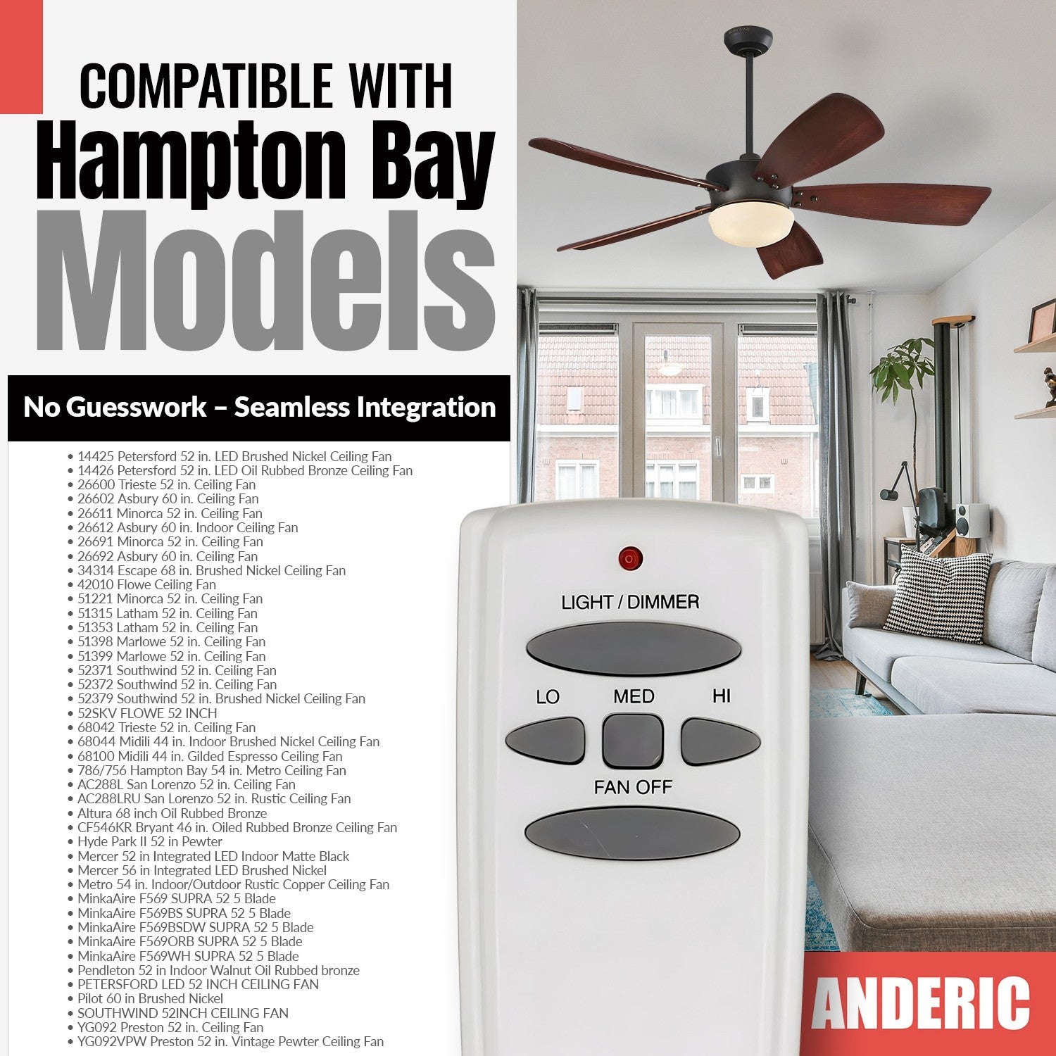 Anderic Substitute for Harbor Breeze UC7086T CHQ7086T for Avion Ceiling Fan Remote Control [RR7079T]