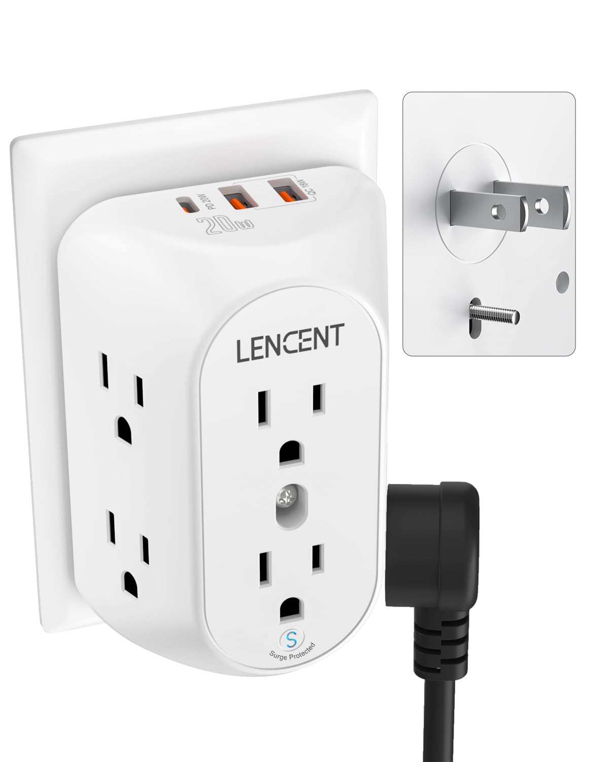 Lencent 2 Prong Power Strip, 3 To 2 Prong Grounding Outlet Adapter 6 Outlet Pd20W &2 Usb A Port, 1728J Surge Protector, 3-Sided 