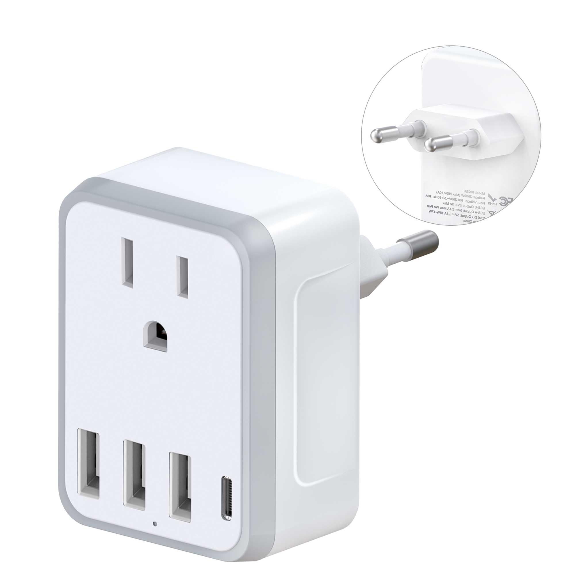 Yinleader European Travel Plug Adapter Usb C International Plug Adapter With Ac Outlet And 3 Usb Ports, Type C Power Adaptor Cha
