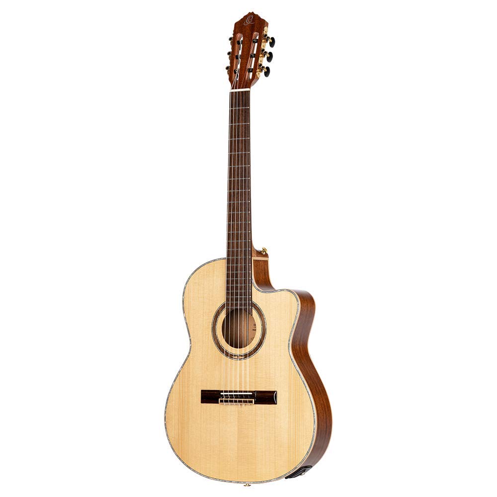 Ortega Guitars 6 String Performer Series Solid Top Thinline Crossover Acoustic-Electric Nylon Classical Guitar W/Bag, Right (Rce