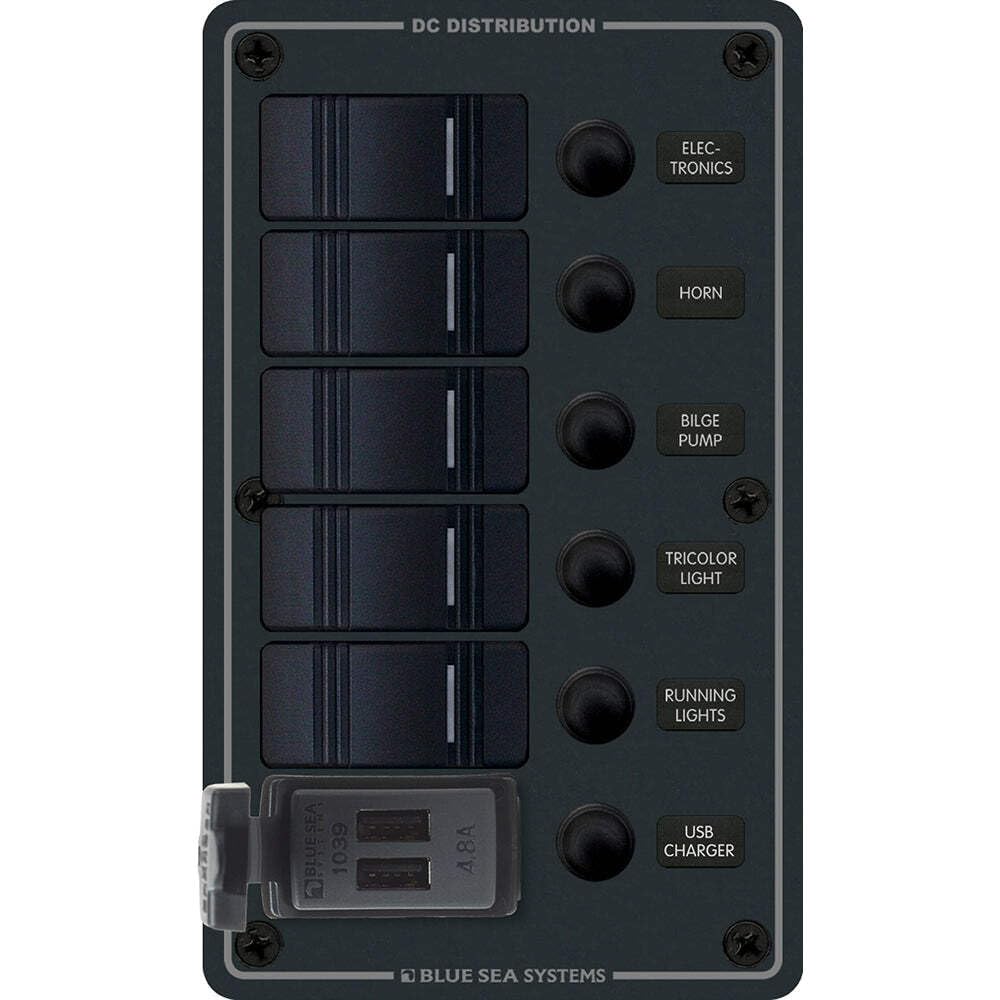 Blue Sea 8521 - 5 Position Contura Switch Panel W/Dual Usb Chargers - 12/24V Dc - Black,WBAUVB0BDSKR4MN