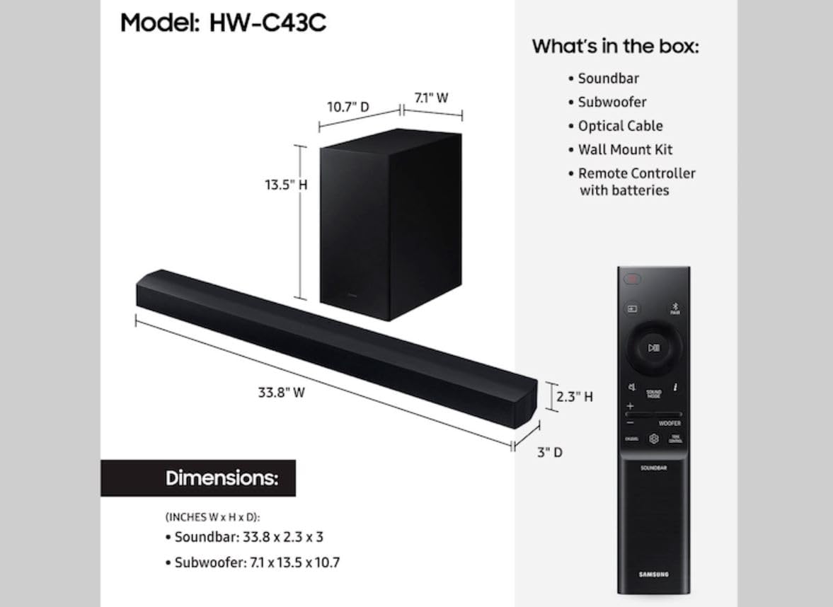Samsung Hw-C43C/Za 2.1 Ch Dts Virtual:X Soundbar 270-Watts W/Subwoofer
