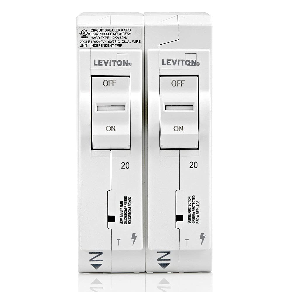 Leviton LSPD2T Surge Protective Device with Two 20A 1Pole PlugOn Standard Branch Circuit Breakers, Thermal Magnetic, 120/240 