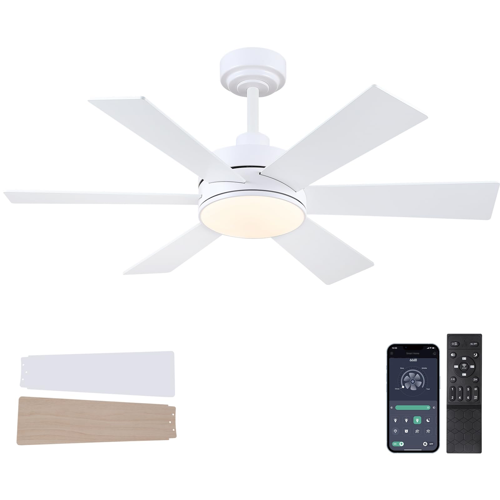 42 Inch Ceiling Fans With Lights, Ceiling Fan With Remote App, Dual Sided Modern/Rustic 6 Blades, Reversible, 3Cct, Sloped Flush