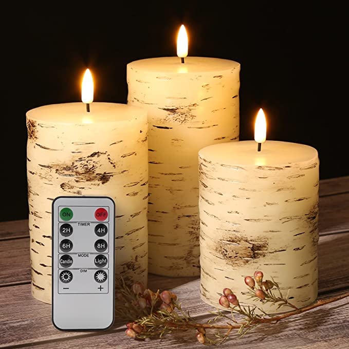 Eywamage Birch Wood Flameless Pillar Candles With Remote, Flickering Led Wax Battery Candles Set Of 3, Christmas Fall Decorative