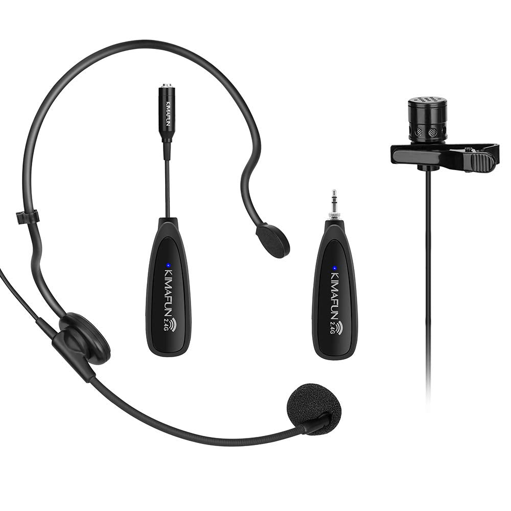 Kimafun Wireless Microphone System, 2.4G Wireless Microphone Transmitter/Receiver Set With Headset/Lavalier Lapel Mics, Ideal Fo