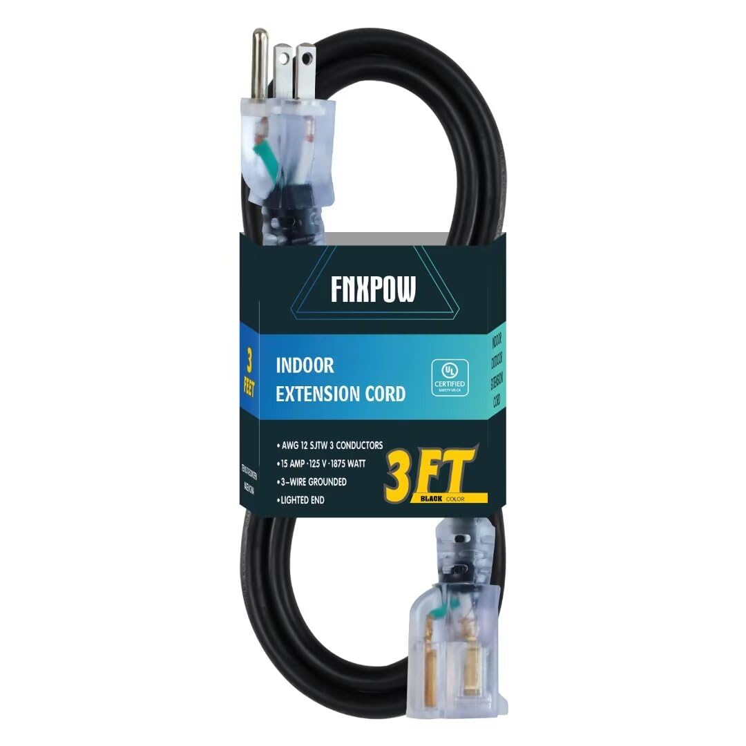 Fnxpow Indoor Extension Cord, 12 Gauge 3 Prong Weatherproof Heavy Duty Black Extension Cord With Lighted Indicator End, Sjtw 15A
