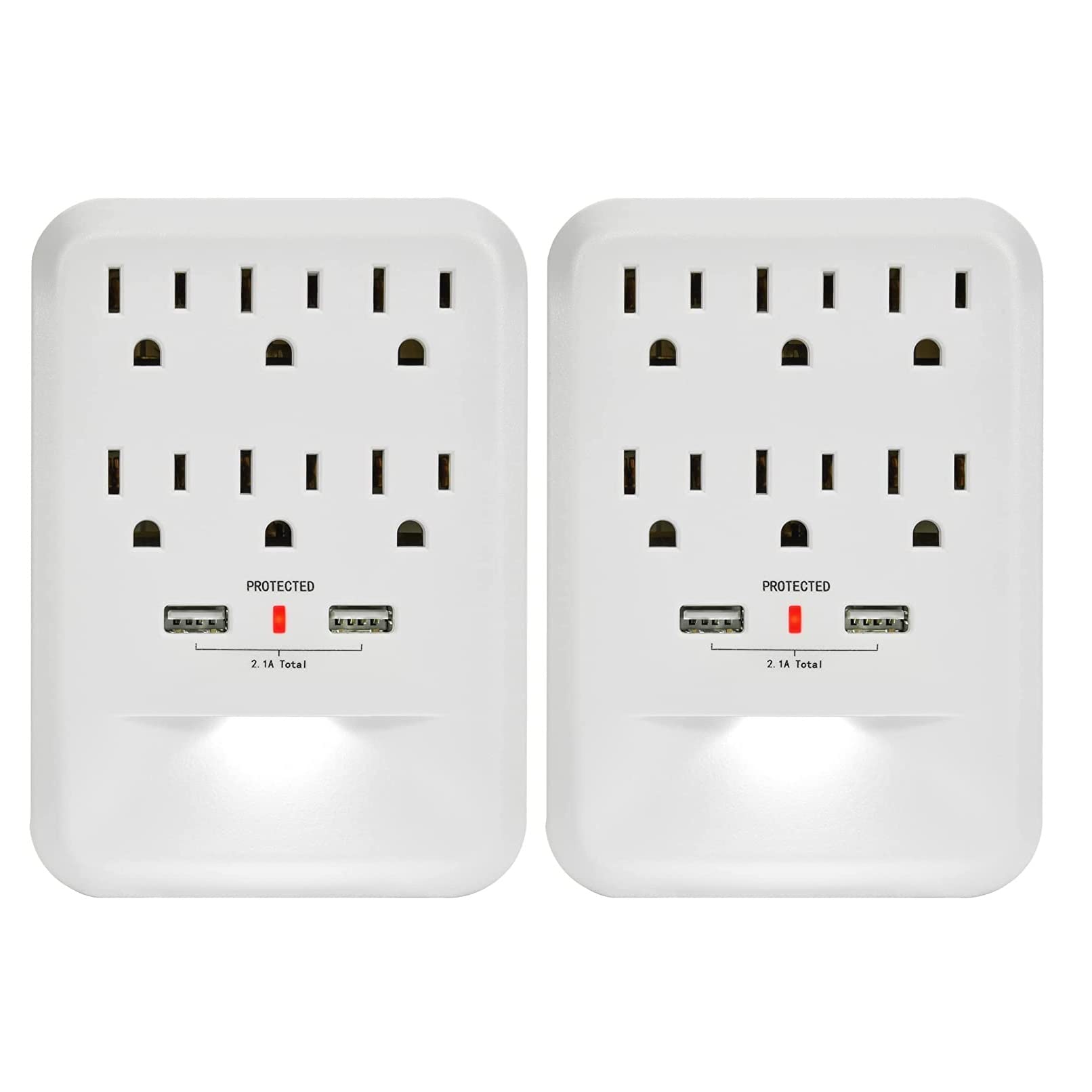 Clear Power 2Pack: 6 Outlet 600 Joule Surge Protector Wall Tap W/2 Port Usb A Charger & Nightlight, Cp30005X2