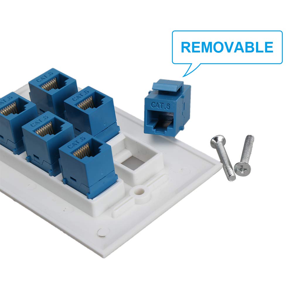 Cat 6 Ethernet Wall Plate 6 Port,Ethernet Wall Plate Female Female Removable Compatible With Cat7/6/6E/5/5E Ethernet Devices  Blue
