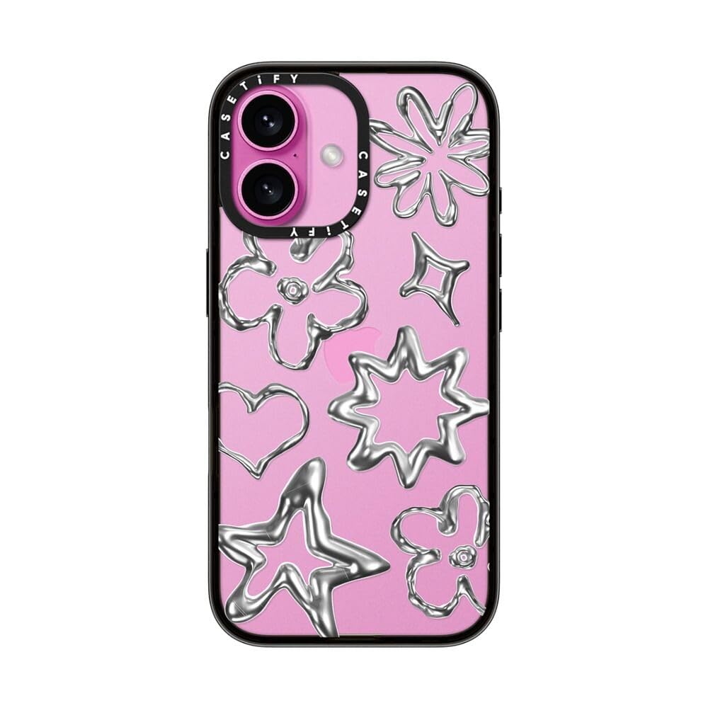 Casetify Compact Case For Iphone 16 [Lightweight / 4 Ft. 2X Military Grade Drop Protection/Slim]   Chrome Doodles   Clear Black
