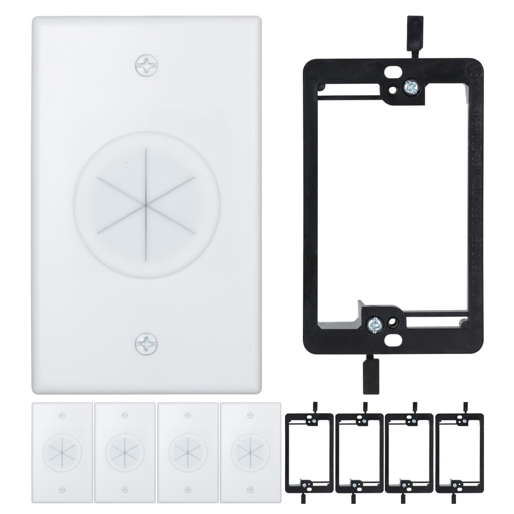 Syunko Cable Wall Plate 5 Pack, 1 Gang White Cable Pass Through Wall Plate With Low Voltage Mounting Bracket, Round Silicone Pas