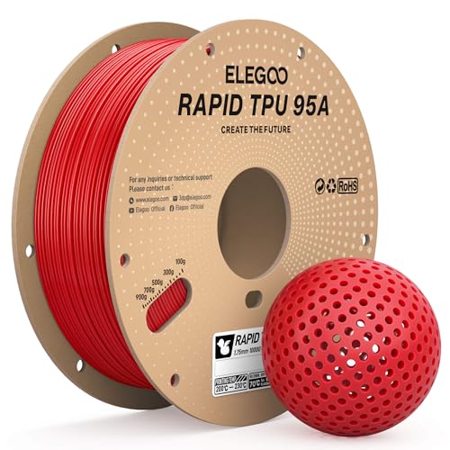 ELEGOO Rapid TPU Filament 1.75mm Red 1KG, High Speed 95A TPU Flexible Soft 3D Printing Filament, 1KG Spool(2.2lbs) Fit for Most 