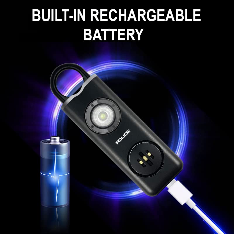 Police Personal Alarm Keychain For Women   130Db Siren Alarm, Led Flashlight With Strobe Light Rechargeable Safety Alarm  Black