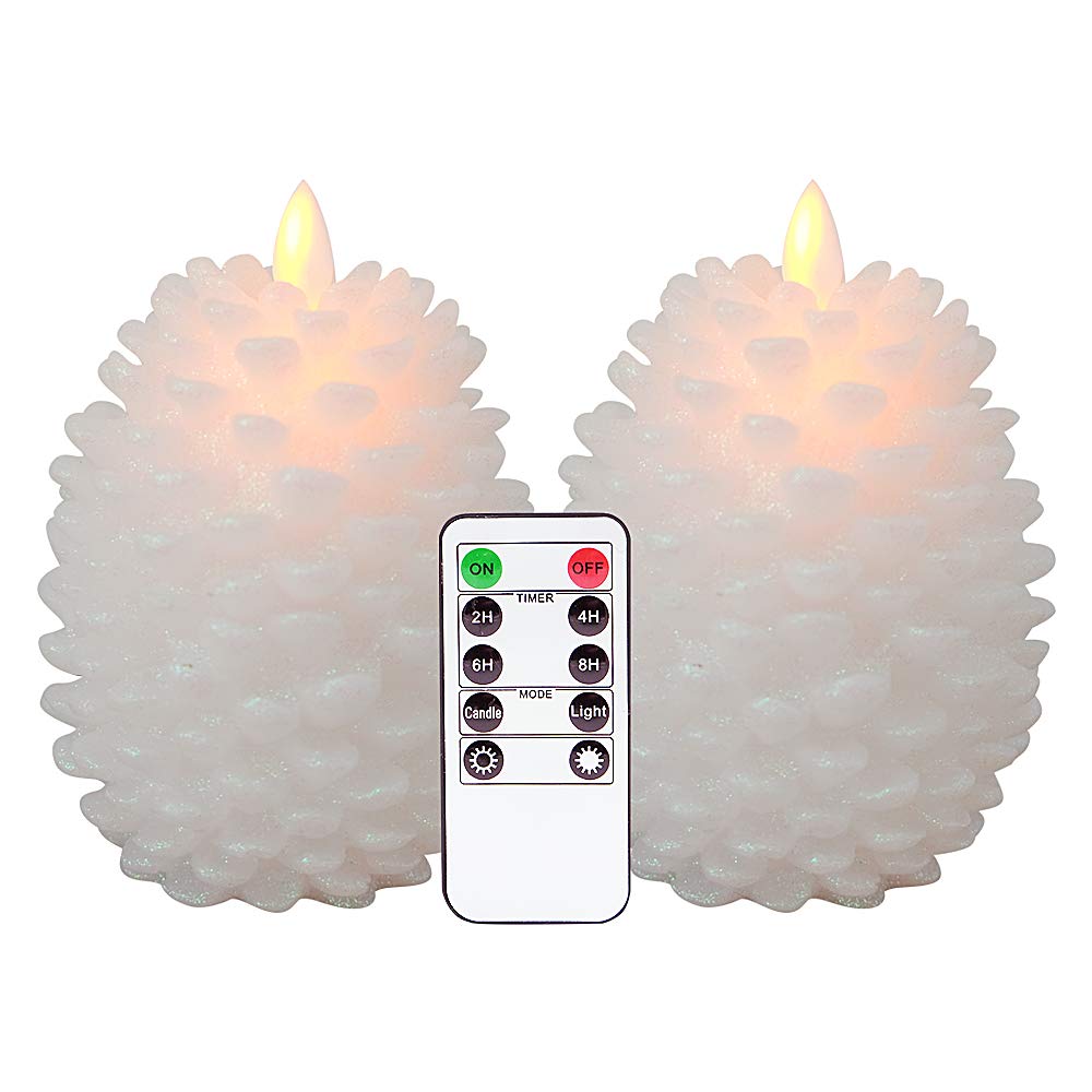 Eldnacele Led Pine Cone Candles With Remote Timer, Battery Operated Flameless Candles Unscented Wax Pinecone Candles White 2 Pac