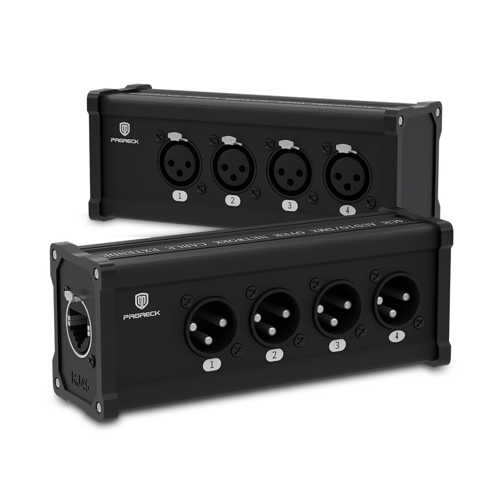 PRORECK 4-Channel XLR to Ethercon RJ45 Cat6 3-Pin DMX & Audio Extender, Ideal for Stage Lighting, Live Sound & Recording Studios