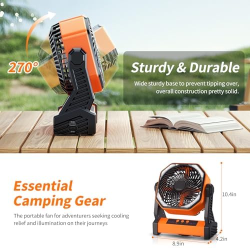 Camping Led Fan With Light,20000Mah Rechargeable Battery Powered Outdoor Tent Fan With Light And Hook, 4 Speed, Personal Usb Des