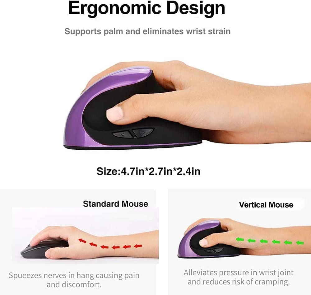 Ergonomic Vertical Mouse, Wireless 2.4G High Precision Rechargeable Ergonomic Mouse Optical Mice With Adjustable Dpi 800/1200/16